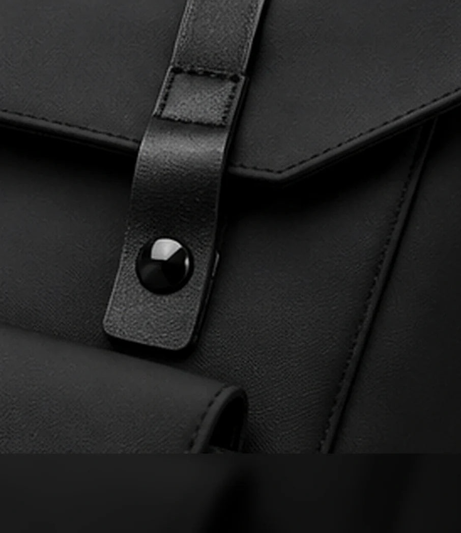 Close-up of the leather strap and press stud on the front flap of a DRAEN backpack