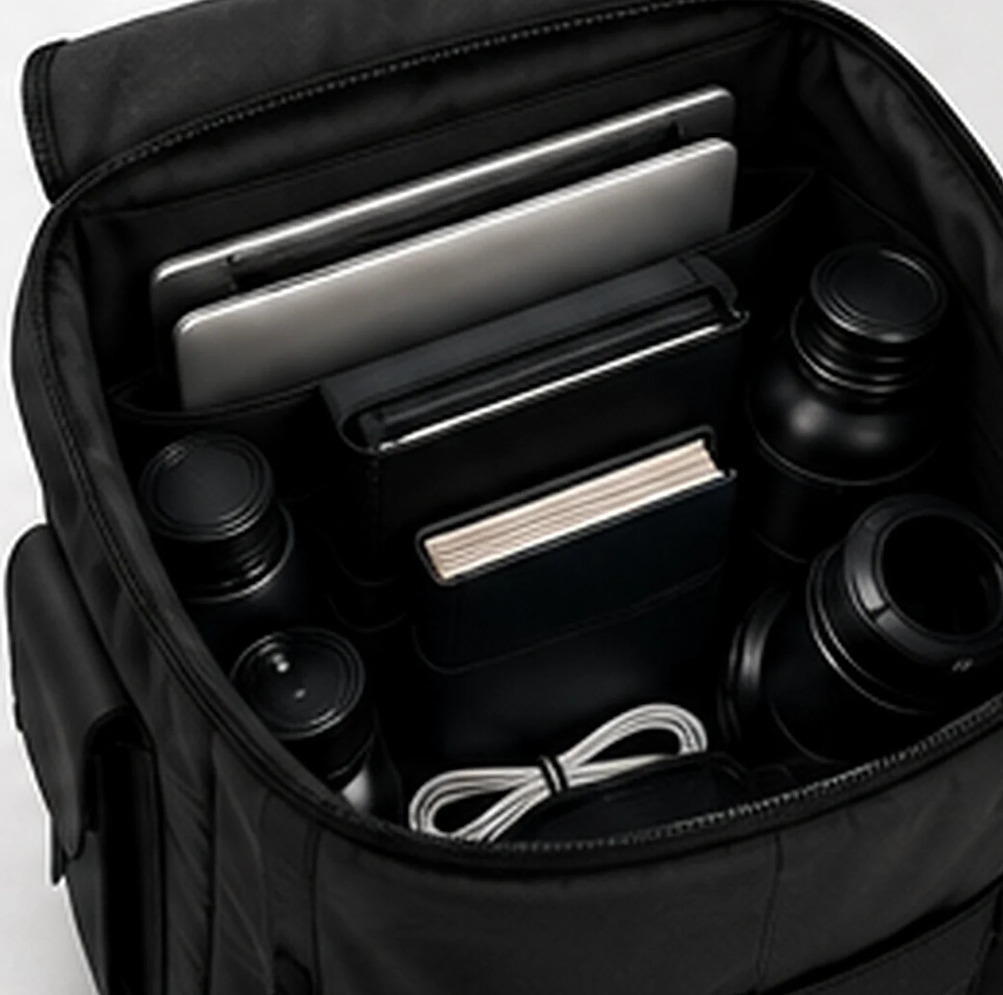 The open interior of a DRAEN backpack holding a laptop, notebook and camera lenses