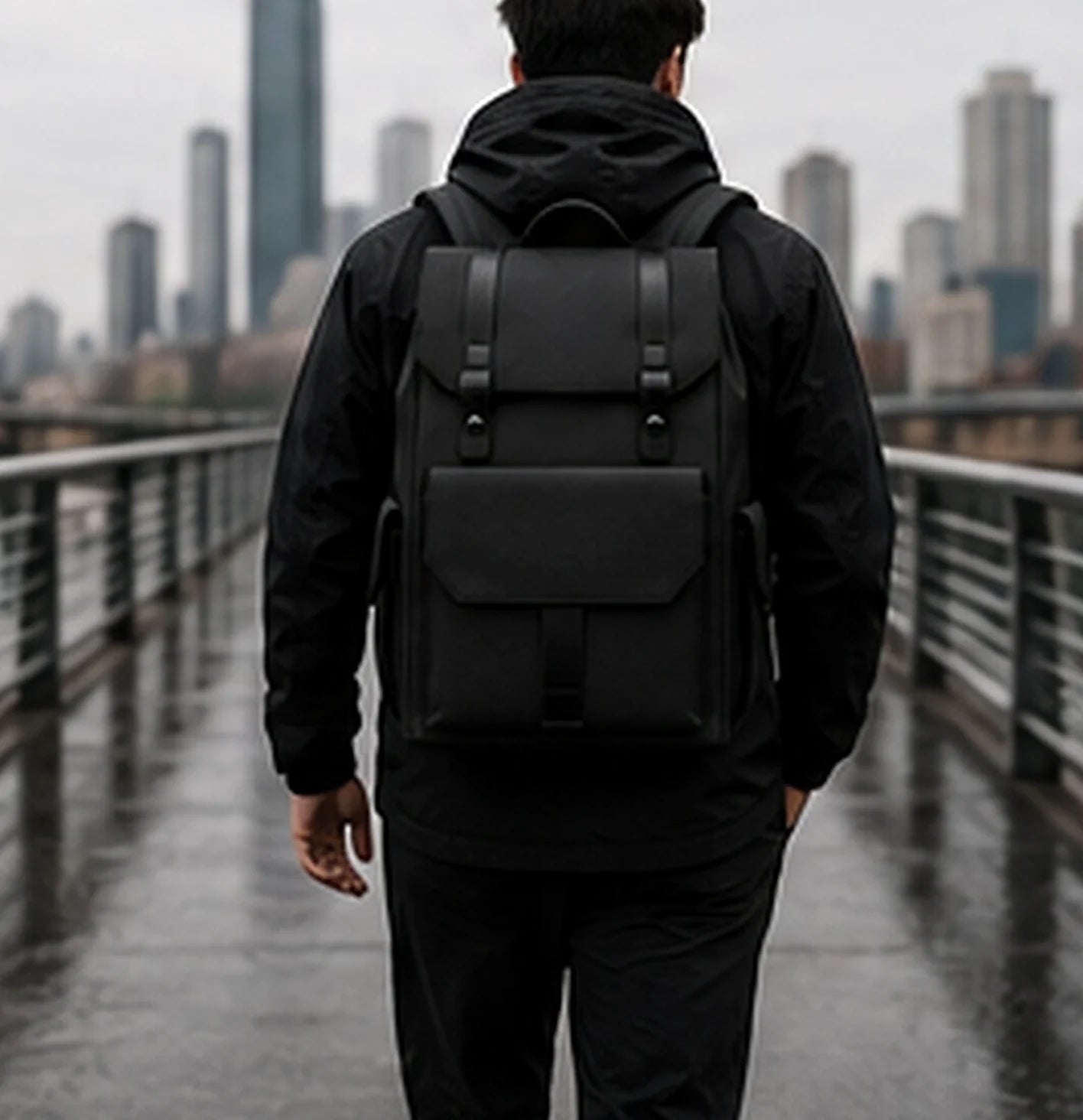 A person at a waterfront railing with a black DRAEN backpack, city skyline behind