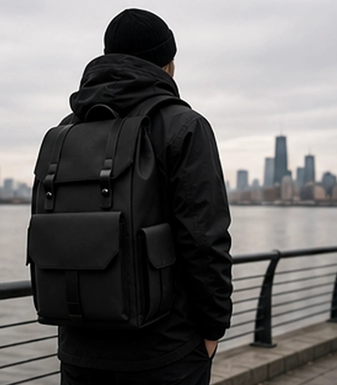 A person looking out over the water wearing a black DRAEN backpack