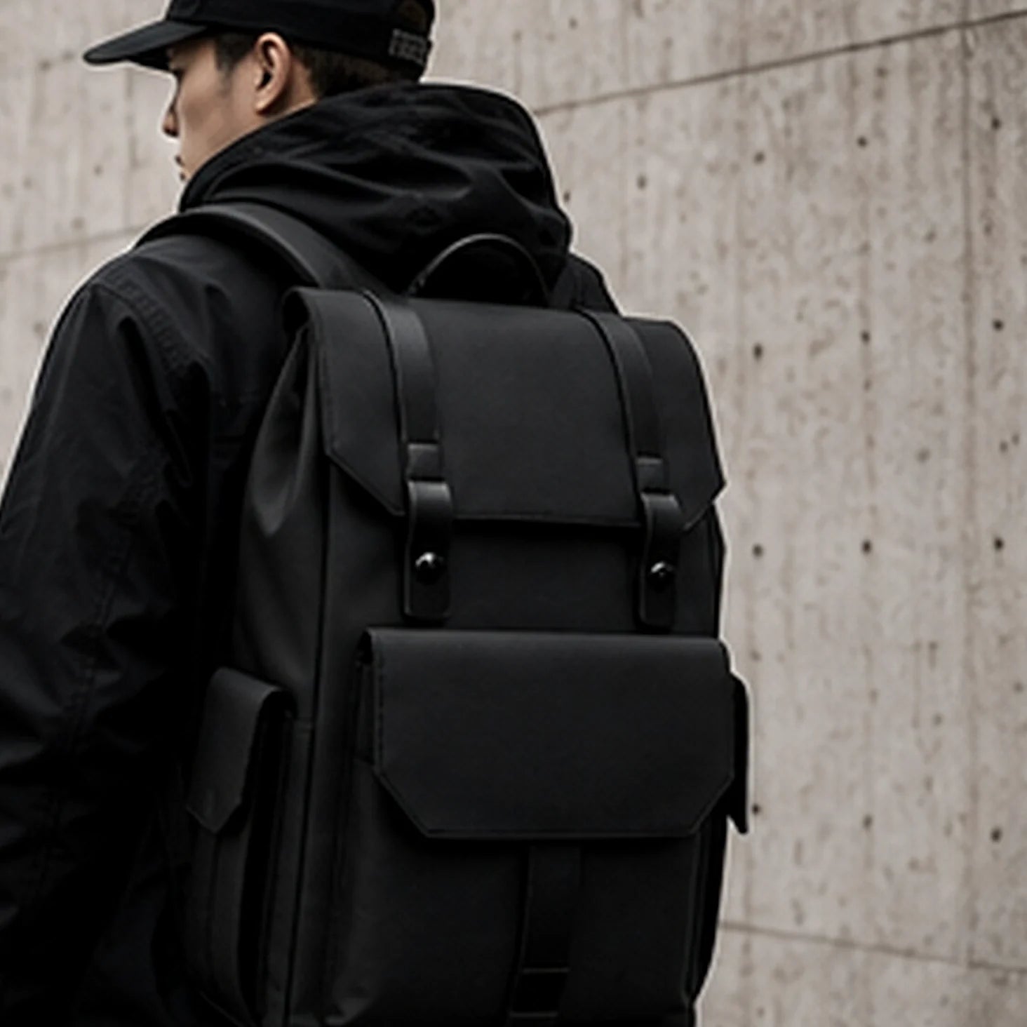 Side view of a black DRAEN backpack worn against a concrete wall