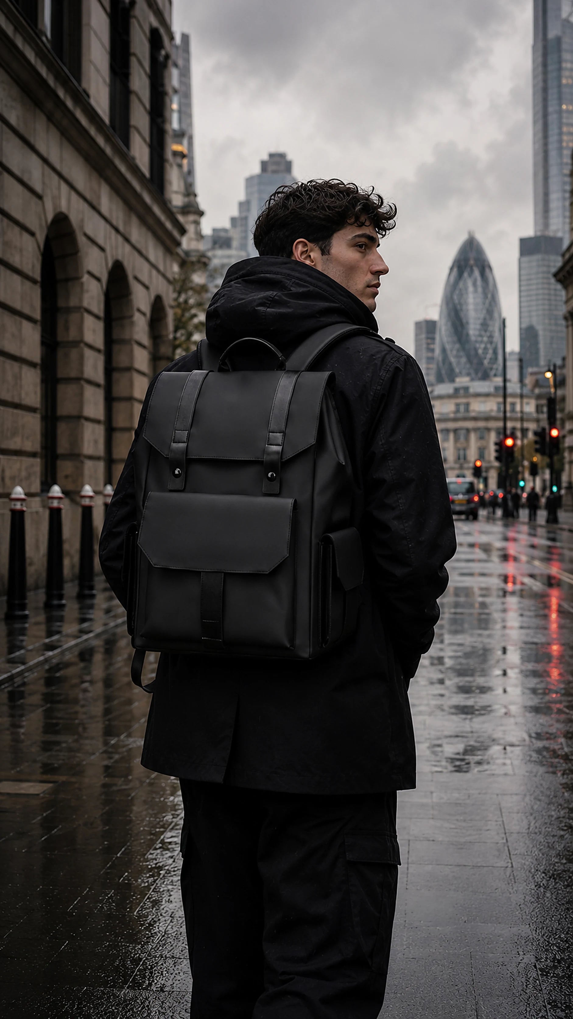 A man in black outerwear walking a wet London street, the DRAEN backpack on his shoulders, the Gherkin behind him.