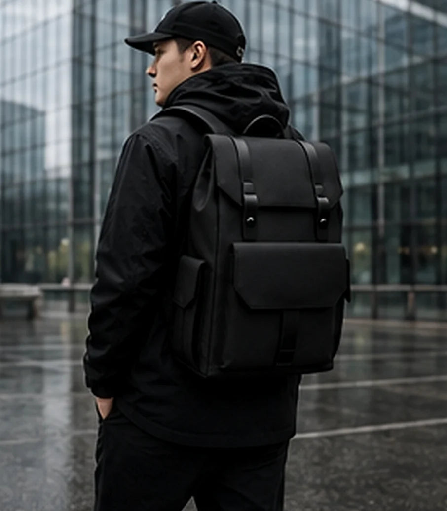 A person walking through a glass-fronted city district wearing a black DRAEN backpack