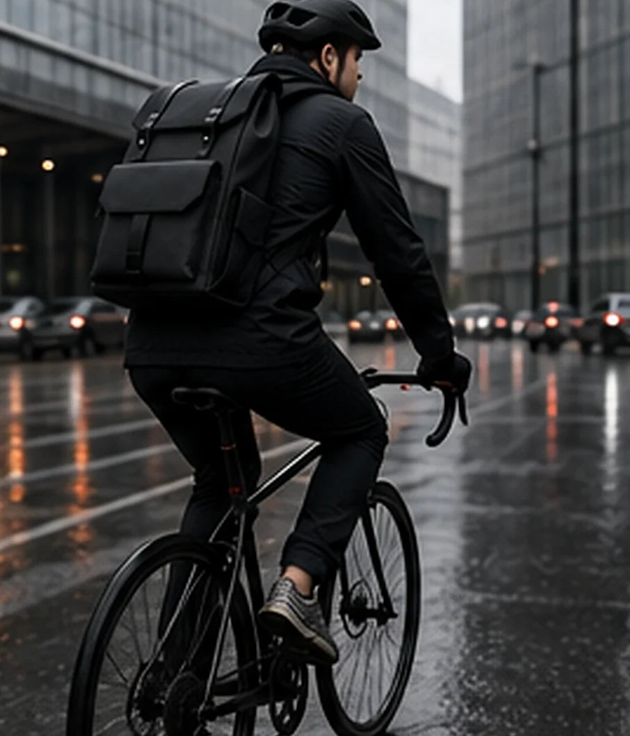 A cyclist riding a wet city street at dusk with a black DRAEN backpack