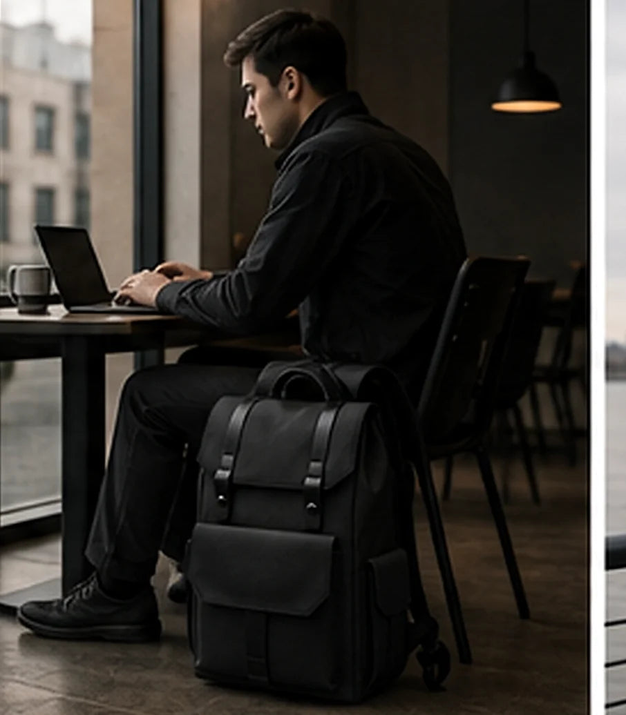 A person working on a laptop at a cafe window, a black DRAEN backpack resting against the chair